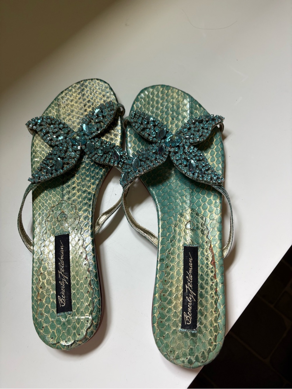 Beaded Teal Flat Sandals - Women's Slip-On Sandals
